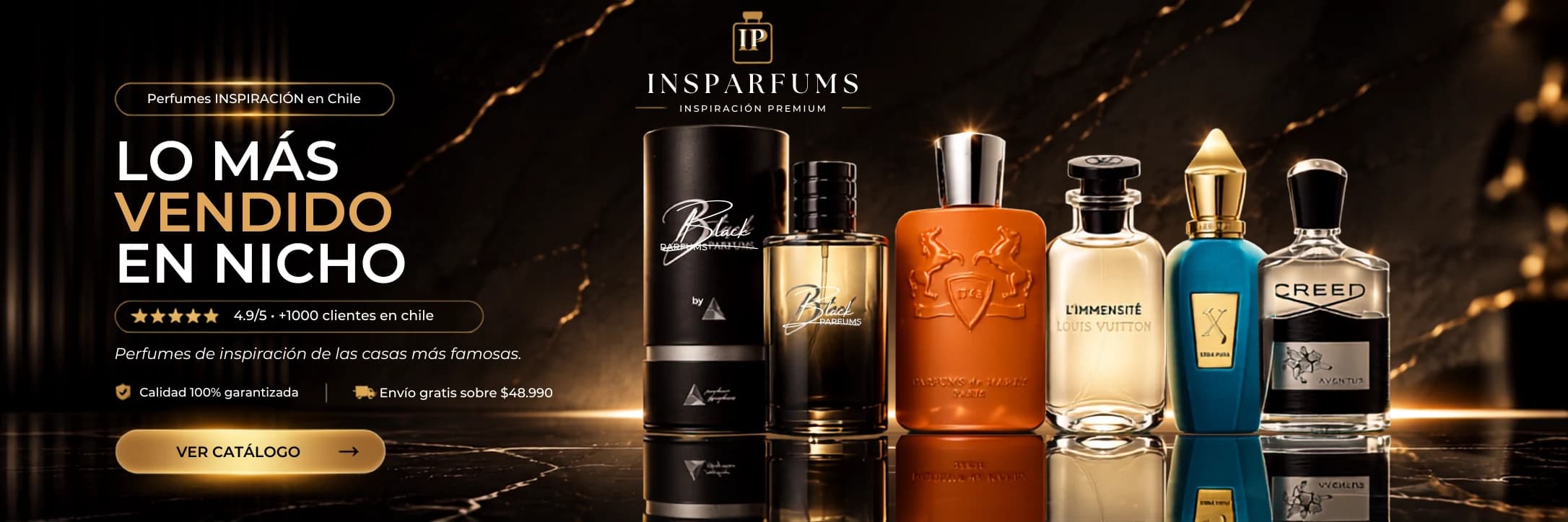 INSPARFUMS · Lo más vendido en nicho — perfumes de inspiración de las casas más famosas. 4.9/5 con más de 1.000 clientes en Chile. Calidad garantizada y envío gratis sobre $48.990.
